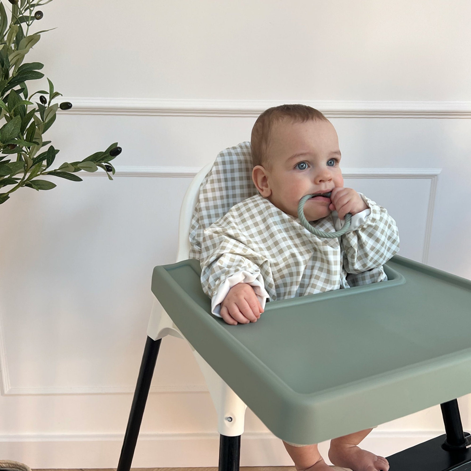 Taupe Gingham - Long Sleeved Bib