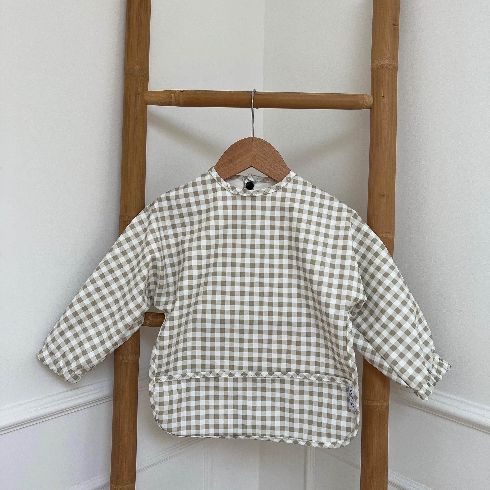 Taupe Gingham - Long Sleeved Bib