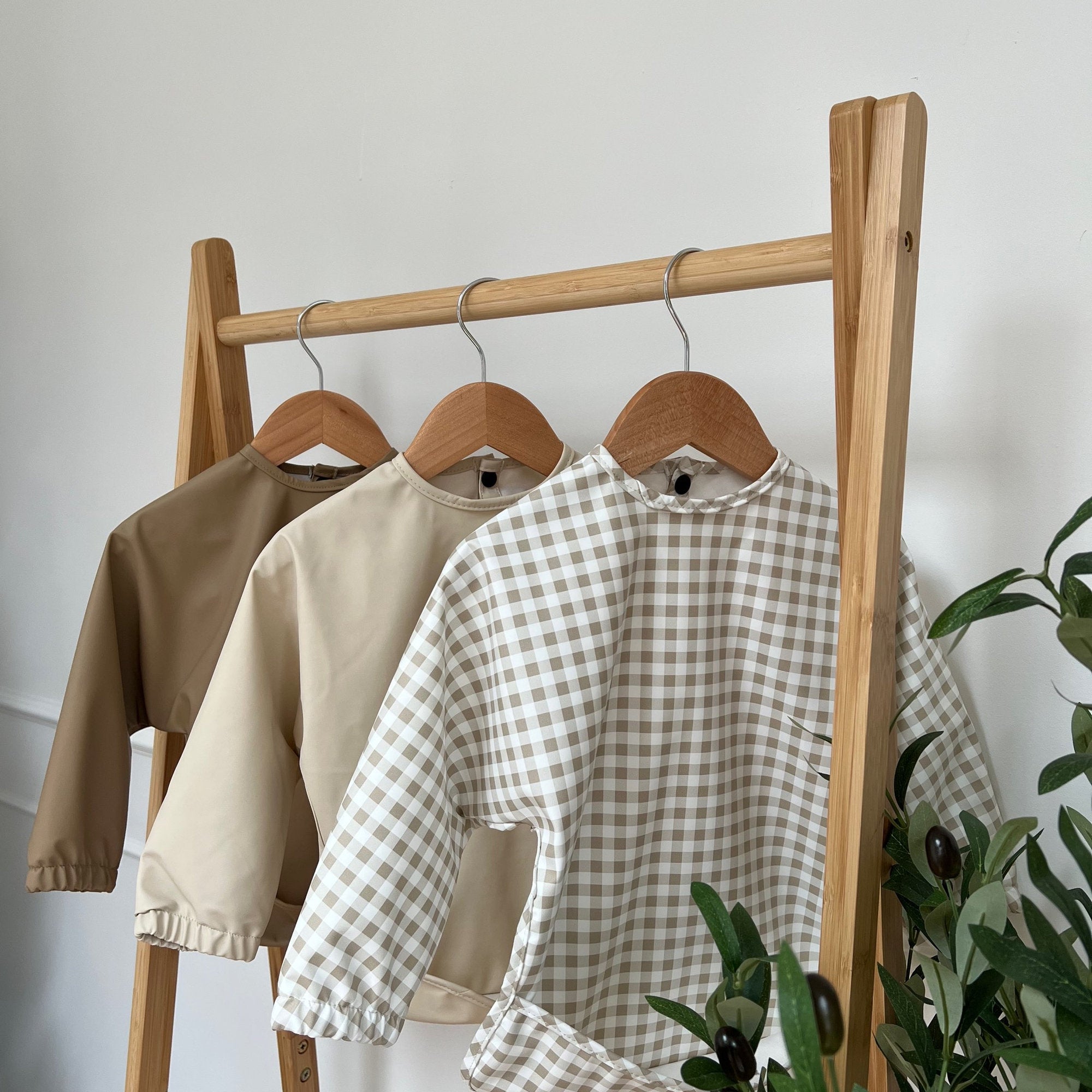 Taupe Gingham - Long Sleeved Bib