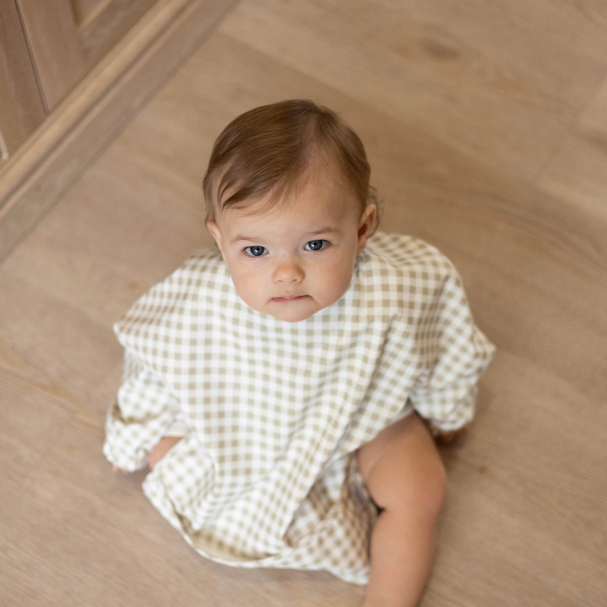 Taupe Gingham - Long Sleeved Bib