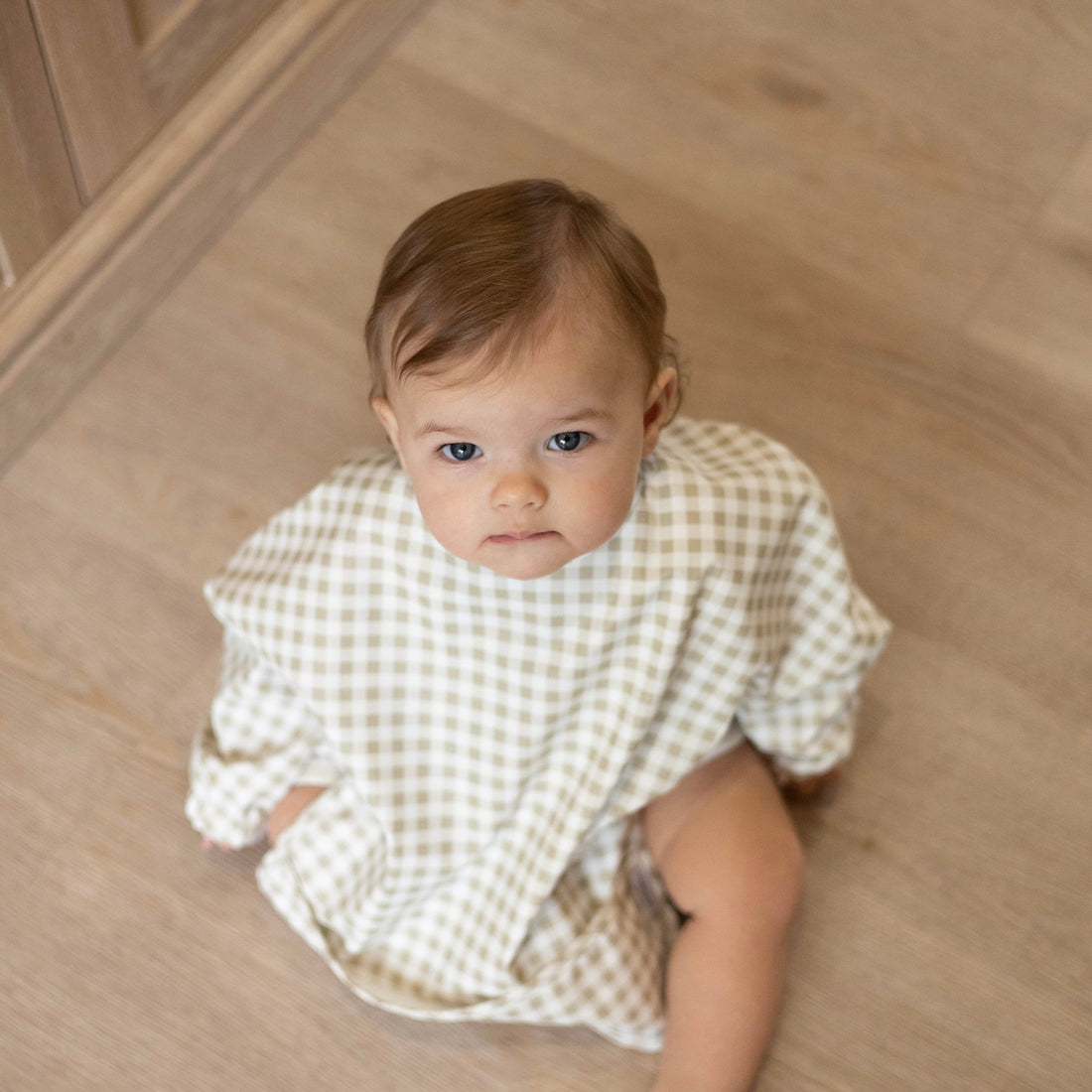 Taupe Gingham - Long Sleeved Bib