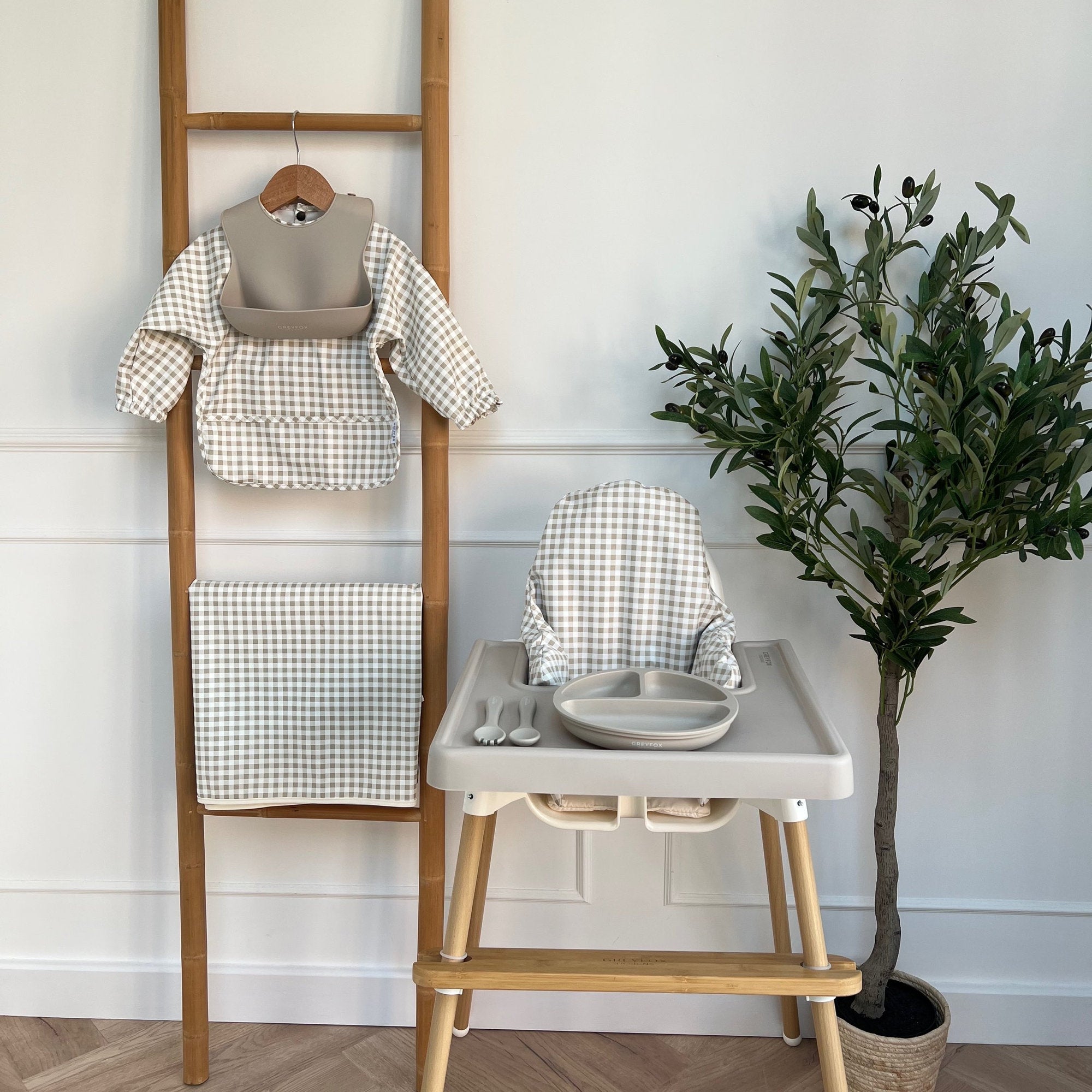 Taupe Gingham - Long Sleeved Bib